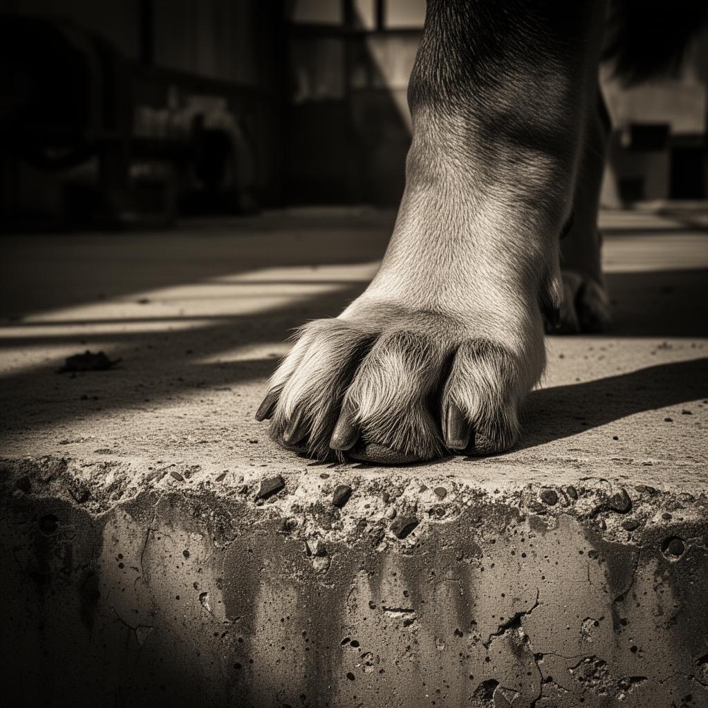 Powerful dog paw on weathered concrete